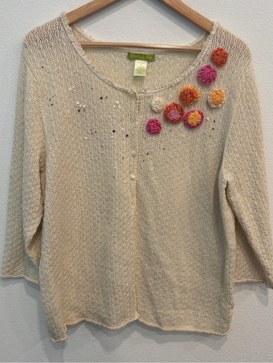 Sigrid Olsen Tops - Sigrid Olsen Cream Knit Button-Up Sweater Floral Coastal Grandma